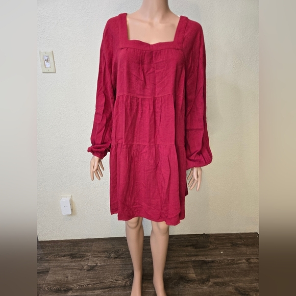 Umgee Dresses & Skirts - Umgee Square Neck Tiered Red Dress Large Long Sleeve Frayed Hem Boho Dis…